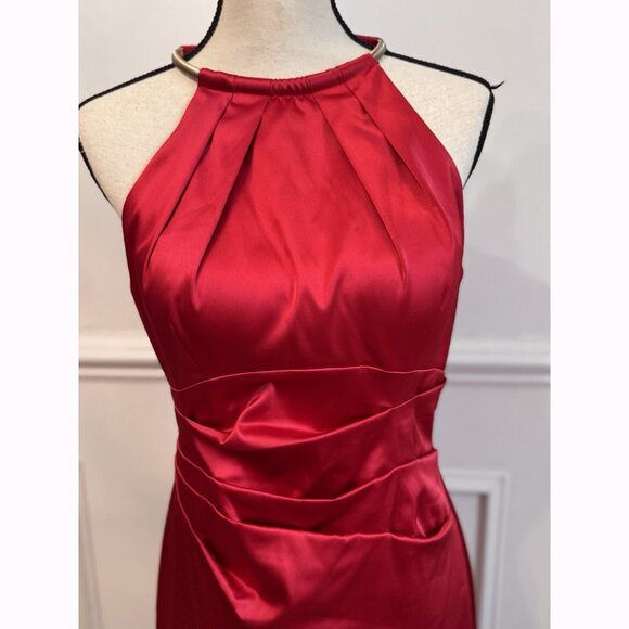 Eliza J Red Halter Dress 10 Satin Sheath Gold Chain Neck Evening Holiday Party - Picture 4 of 12